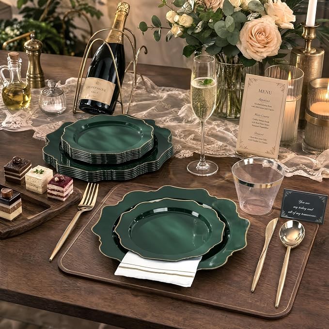 WDF 175Pcs Green Plastic Plates - Green Plates Disposable with Gold Rim - Christmas Plastic Plate - Fancy Disposable Dinnerware Sets 25 Guests Ideal for Party/Wedding/Birthday/2026 FIFA World Cup