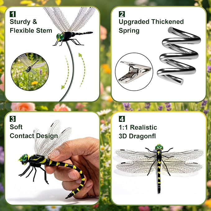12 Pack 3D Dragonfly Clips, Fake Dragonflies with Stakes, Realistic Plastic Dragonfly Garden Decorations, Fly Deterrent Clips for Hats, Pets, Horses, Deer, Yard, Patio, Indoor & Outdoor Decor