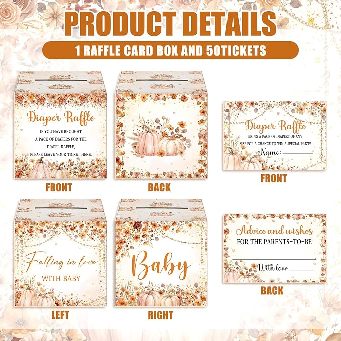 Teling 51 Pieces Diaper Raffle Tickets with Card Box Baby Shower Decorations Gender Reveal Holder Box for Girl Boy Diaper Raffle Party (Falling in Love with Baby Style)