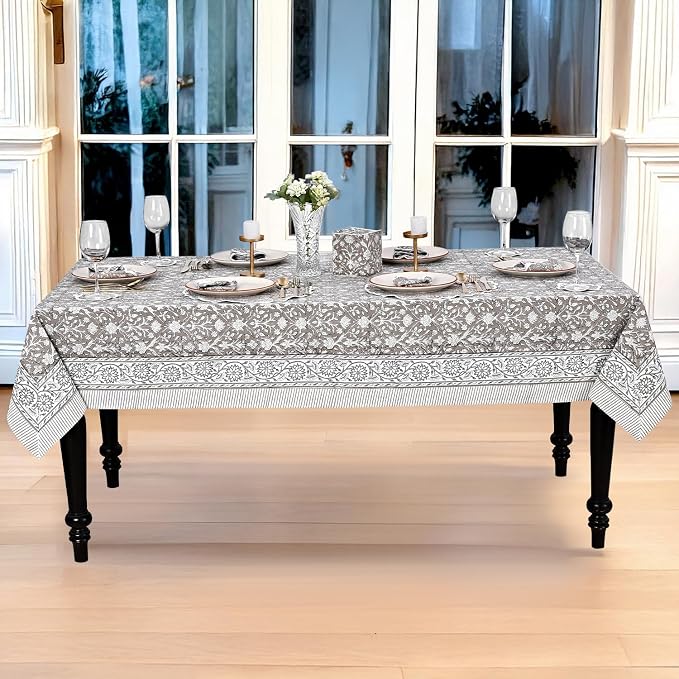 Ridhi Taupe Hand Block Print Cotton Rectangle Tablecloth 108" x 70" inches Reusable Table Cover Decorative Everyday Use for Dining Room, Farmhouse, Home Gift for Spring, Mother's Day