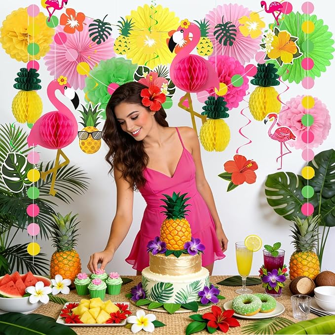 ADLKGG 21 Pcs Tropical Luau Party Decorations, 21" Large 3D Flamingo Honeycombs, Paper Fans, Banners, Hanging Swirls for Hawaiian Birthday, Summer Beach Party, Classroom Decor
