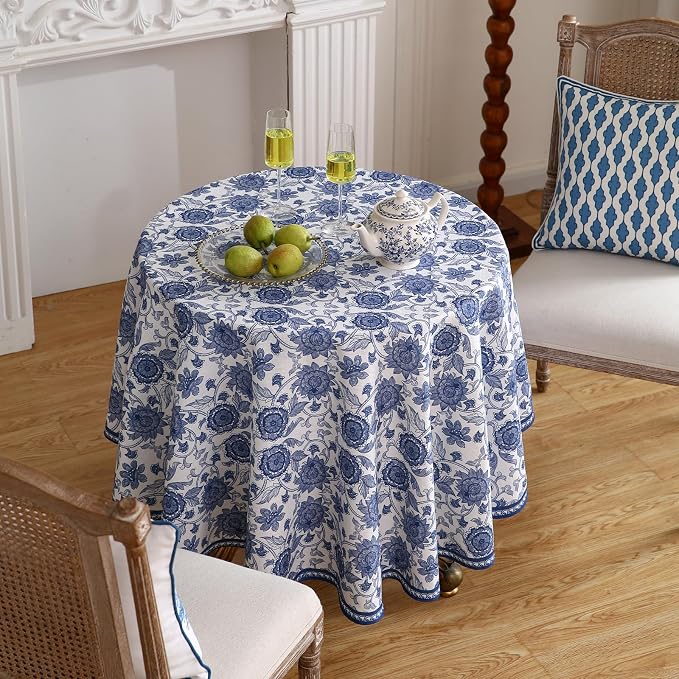 patdrea Elegant French Linen Tablecloth,Round,Diameter 67"-Lantang A | Vintage Elegant Table Cloth for Round Table,Blue and White Floral Print,for Dining Room Tea Party Thanksgiving
