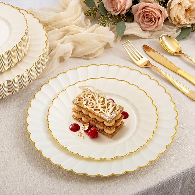 YOUBET 175PCS Ivory Scalloped Plastic Plates - Gold Disposable Dinnerware Set Include 50 Plates, 75 Gold Silverware, 25 Cups, 25 Napkins for Party & Wedding