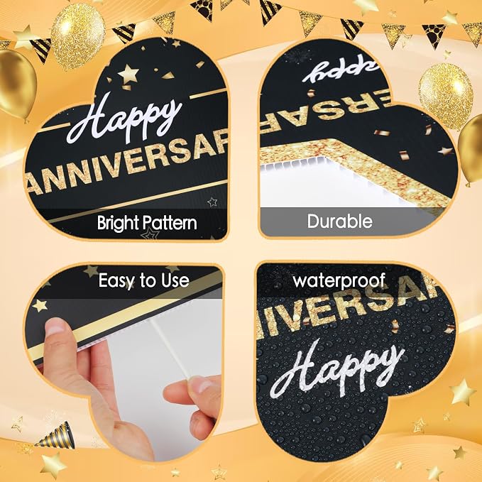 6pcs Happy Anniversary Wedding Yard Sign Decorations Outdoor, Gold Black Lawn Yard Sign with Stakes and for Married Men Women Wedding Birthday Decor Outdoor Party Supplies