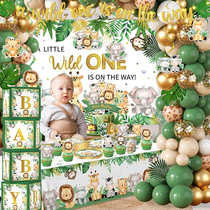 Safari Baby Shower Decorations,262pcs Wild Birthday Decorations Jungle Baby Shower Decorations Plates and Napkin Cups Backdrop Banner Tablecloth Balloons Garland Boxes,Serves 20