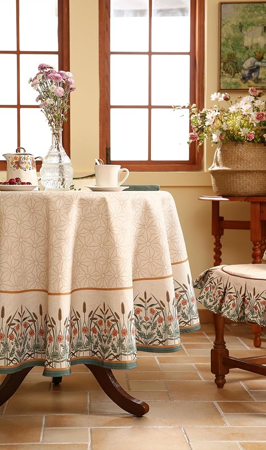 patdrea Vintage French Linen Tablecloth,Round,Diameter 67"-Cudillero | Elegant Floral Table Cloth for Round Table,Natural Beige Block Print,for Dining Room Tea Party Thanksgiving