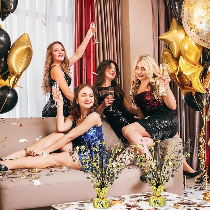 Crowye 6 Pcs Metallic Foil Spray Centerpiece Party Star Decoration Table Decor for Birthday Wedding Bachelorette Summer Party Holiday(Black Gold,Small Star)
