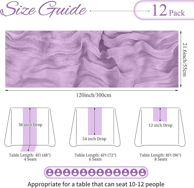 12 Pack Lavender Cheesecloth Table Runner 10FT Lilac Purple Boho Gauze Cheese Cloth Table Runner Rustic Sheer Fabric Table Runners for Wedding Bridal Shower Baby Shower Party(21.5×120 Inch)