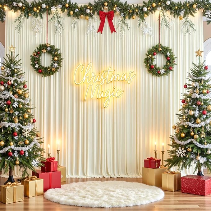 60ft×12ft Ivory Backdrop Curtain for Wedding Parties, 12 Panels Wrinkle Free Polyester Photo Backdrop Drapes Back Drop Cloth for Birthday Photography Background