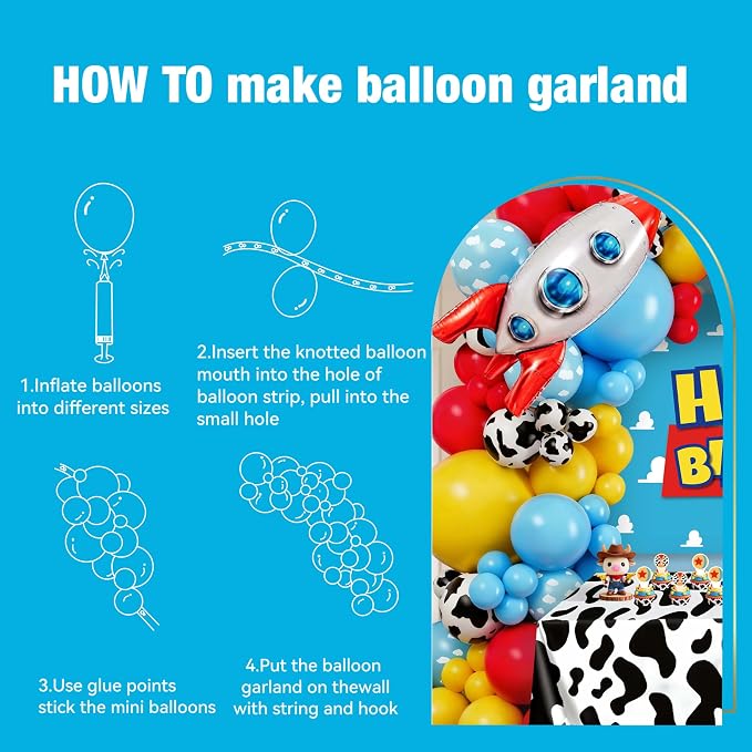 96Pcs Cartoon Toy Theme Baby Shower Decorations for Boy, Cowboy & Space Style Party Supplies with 4 Baby Boxes, Cow Cloud Pattern Balloons, Rocket Foil Balloon & Backdrop for Blue Yellow Red Decor