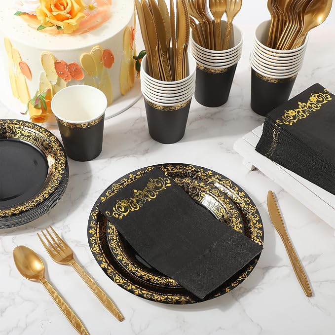 meekoo 350 Pcs Black Party Dinnerware Set Disposable Paper Plates for 50 Guests 9in and 7in Dinner Dessert Plates Napkins Gold Rim Plastic Cups Knives Forks Spoons for Party Wedding(Round Floral)