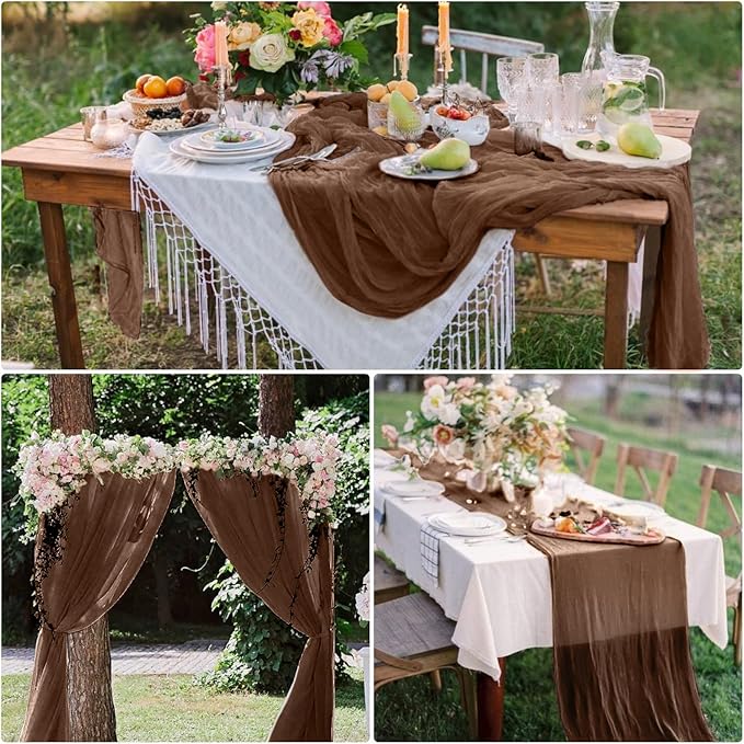 15 Pack Cheesecloth Table Runner 6FT Gauze Cheese Cloth Table Runner 35 x 72 Inch Boho Table Runners Romantic Table Cover for Wedding Birthday Party Engagement Bridal Baby Shower Holiday Décor(Brown)