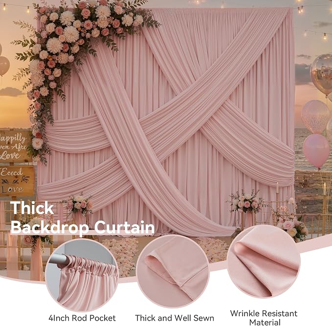 50FTx12FT Dusty Pink Wrinkle-Free Wedding Backdrop Curtain -Silky Washable White Polyester Drapes for Baby Showers, Birthday Parties, Photography, and Wedding Receptions-10 Panels 5FTx12FT