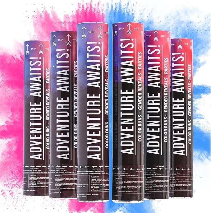 Adventure Awaits! - Baby Gender Reveal & for Other Festivals - Color Dispenser 12" x 6-Pack Hand Held Air Filled Party Popper - Also for Color Run Festival Product (Baby Blue & Pink)