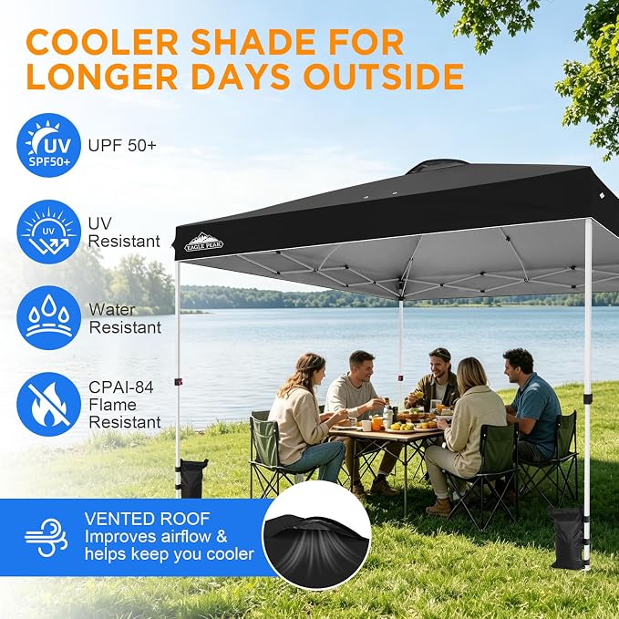 EAGLE PEAK Pop Up Canopy Tent with Wheeled Carry Bag, 8 Stakes, 4 Ropes, 4 Weight Bags, Easy Set Up Tent Canopy, 12x12 ft, 144sqft of Shade, Black