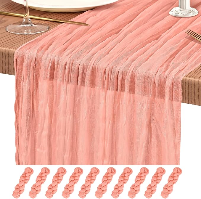 10 Pack Coral Cheesecloth Table Runner 10FT Boho Gauze Cheese Cloth Table Runners Romantic Rustic Sheer Table Decorations for Wedding Party Baby Shower Birthday Holiday Home