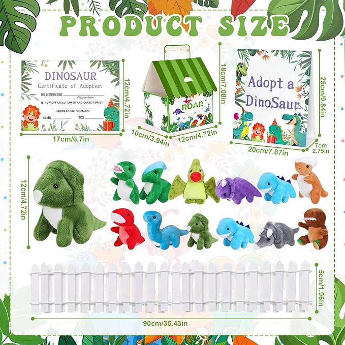 38 Pcs Adopt a Dinosaur Party Favors Include 12 Mini Dinosaur Stuffed Animals 12 Foldable House Gift Boxes 12 Adoption Card 1 Adoption Sign 1 Fence for Adopt A Pet Party Dino Birthday Supplies