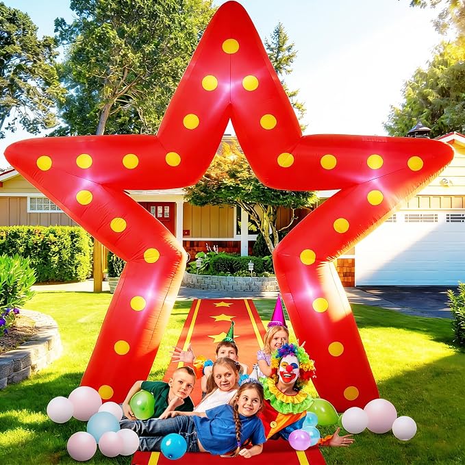 10FT Movie Night Star Outdoor Inflatable Decoration Giant Pentagram Archway with Built in LED Lights Red Runner Rug Movie Theme Blow Up Decor for Red Carpet Awards Birthday Party Yard Garden Decor