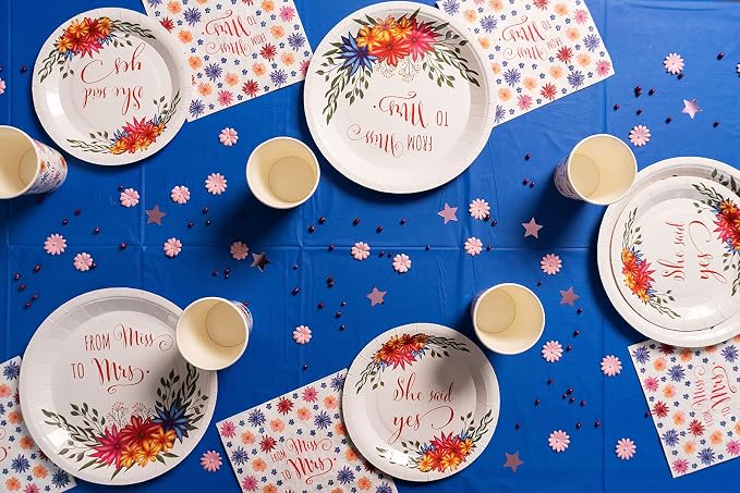 Bridal: From Miss to Mrs (Colorful Floral) Tableware Pack: Disposable Paper Plates, Napkins and Cups Set for 20