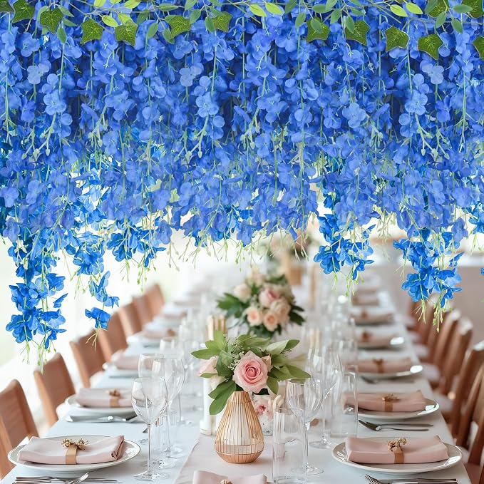 LELEE 25 Pcs Artificial Wisteria Hanging Flowers 3.6ft Royal Blue Fake Hanging Flowers Garland Silk Flowers Rattan String Faux Wisteria Vine for Wall Home Wedding Party Arch Greenery Backdrop Decor