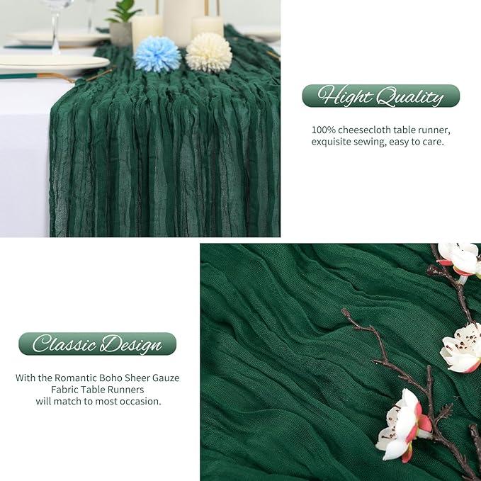 20 Pack Emerald Green Cheesecloth Table Runner 120 Inch 10FT Rustic Boho Gauze Cheese Cloth Table Runner for Wedding Party Baby Shower Thanksgiving Christmas Decoration