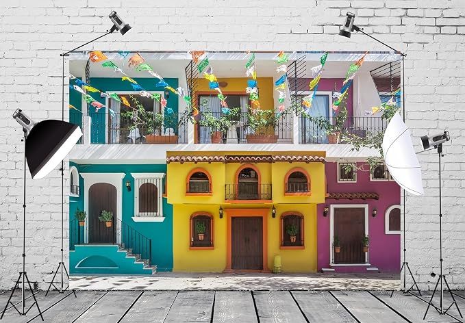 BELECO 5x3ft Fabric Mexican Old Streets Backdrop Traditional Colorful Houses Building Paper Flags Mexican Fiesta Background Mexican Theme Party Decorations Photo Booth Studio Props
