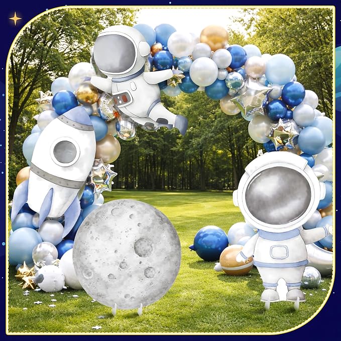 4 Pcs Large First Trip Around The Sun Decoration for Boy Birthday Space Party Cardboard Cutouts, Moon Astronaut Rocket Themed Standups for Baby Shower Photo Booth Backdrop Decor