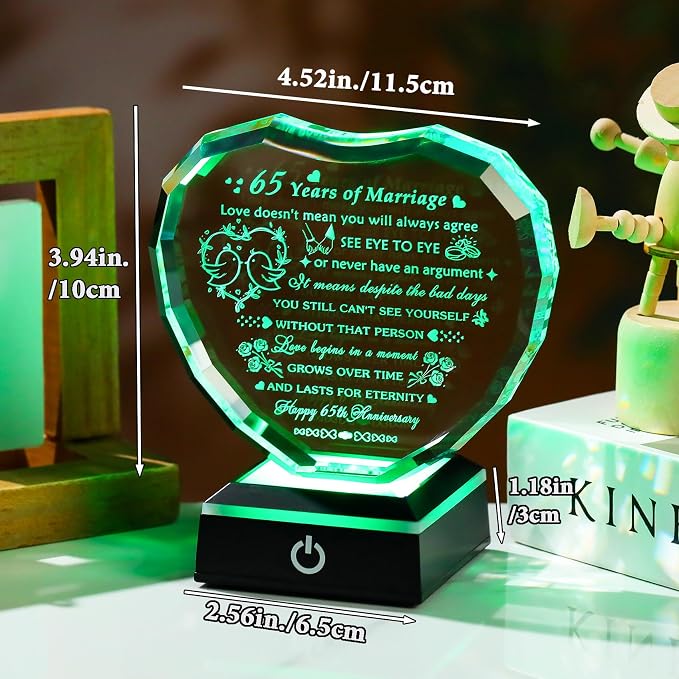 Arikyrist 65th Wedding Anniversary Crystal Gifts for Couple Parents, Happy 65th Anniversary Heart Keepsake Decorations Gifts for Wife Husband, Romantic 65 Years of Marriage Gift for Him Her Friends
