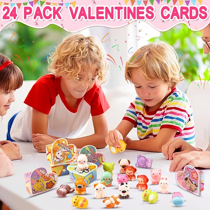 Valentines Day Gifts for Kids, 24PCS Animal Squishies with to from Valentine Cards Box, School Classroom Exchange Party Favors