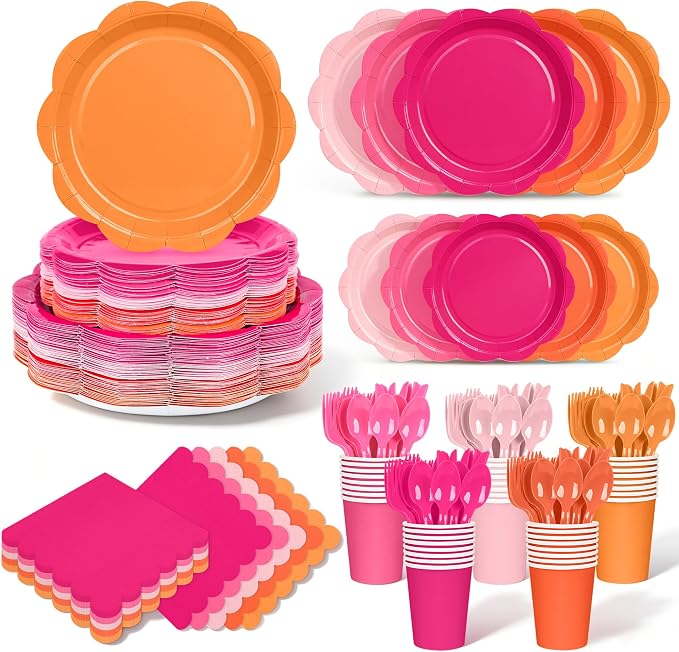 350 Pcs Pink and Orange Party Plates and Napkins - Hot Pink Orange Party Decoration Tableware set Include Sunset Tropical Scalloped Plate Napkin Cup & Cutlery for Baby Shower, Wedding, Birthday