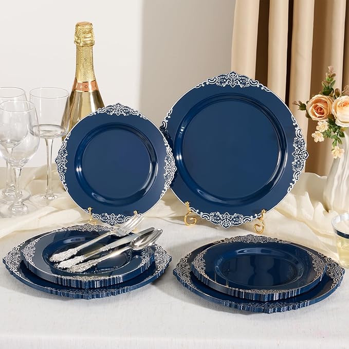 Goodluck 250 PCS Vintage Navy Blue & Silver Plastic Plates with Cutlery Set - Serves 50 - Heavy Duty Elegant Disposable Dinnerware for Graduation, Men's Birthday, Corporate Events