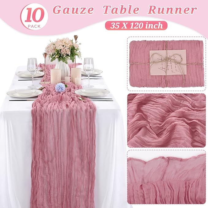 10 Pcs Dusty Rose Cheesecloth Table Runner 10FT, Gauze Table Runner for Wedding Reception Sheer Bridal Shower Birthday Party Boho Table Decoration, Rustic Romantic Wedding Runner