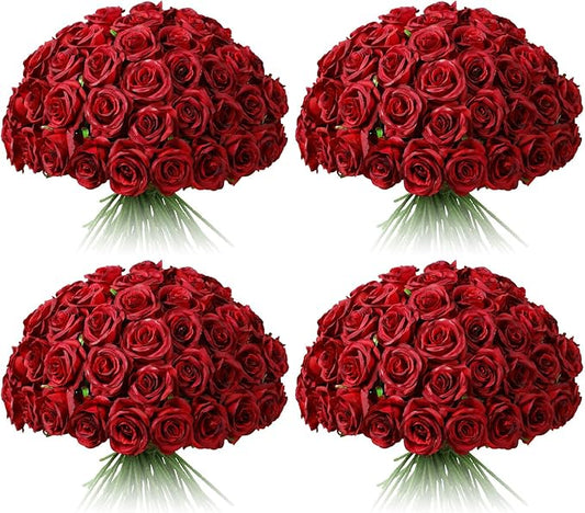 Tifuly 100 Pcs Red Roses Artificial Flowers Bulk, Realistic Long Stem Fake Silk Roses Bouquet for Wedding Centerpiece Table Vases Party Home Kitchen Decor（Burgundy）