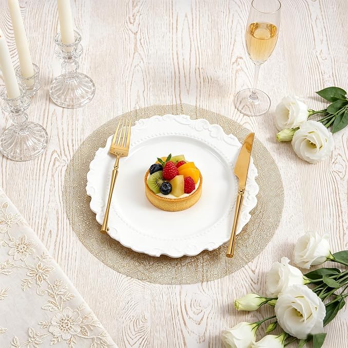 120PCS Disposable Gold Placemats Set, 13 in Black Gold Foil Table Mat Bulk | Metallic Mesh Pressed Round Charger Doilies for Table, Paper Placemats for Wedding Birthday Dining Party Home Decor