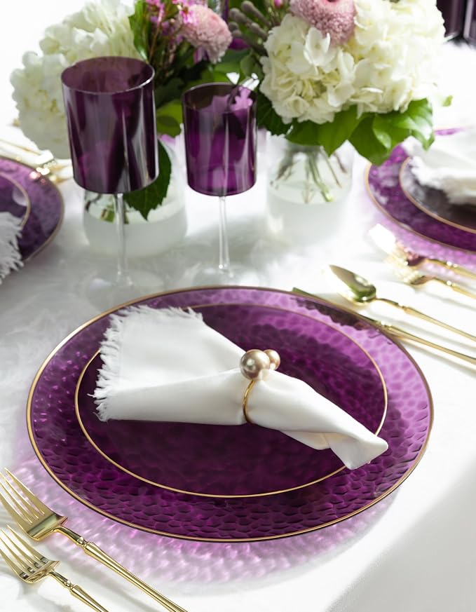 PLASTICPRO 30 Pack Hammered Plastic Plates Heavyweight Disposable Elegant Translucent Purple Hammered Platsic Party Dishes with Gold Rim (Hamered Purple With Gold Rim, 10'' INCH PLATES)