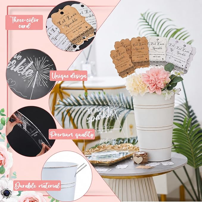 Henoyso 153 Pcs Wedding Send Off Set, 150 Lace Wedding Tags, 2 Pack 12.2 Inch Galvanized Metal Buckets, 1 Acrylic Send Off Sign with Stand for Party Decorations(White)