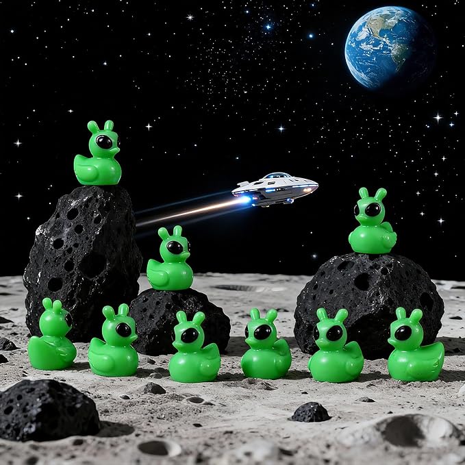 VioraWhite 100 Pcs Resin Mini Alien Duck Figures Bulk Tiny Alien Duck Figurine to Hide and Seek Green UFO Sci-fi Space Party Gifts for Miniature Landscape Space Birthday Party Goodie Bags Fillers
