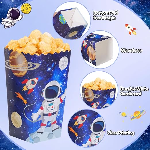 Honoson 48 Pcs Outer Space Popcorn Boxes 6 x 2.4 Inches Planet Galaxy Astronaut Popcorn Bucket Container Disposable Paper Food Trays Space Birthday Decorations for Movie Night Birthday Party Supplies