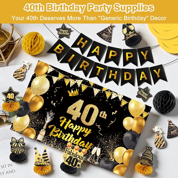 Happy 40th Birthday Party Decoration: Including Birthday Banner Backdrop, Party Table Centerpieces and Hanging Swirl Party Streamers, Birthday Decor for Men and Women (Gold/Black, 40th Birthday)