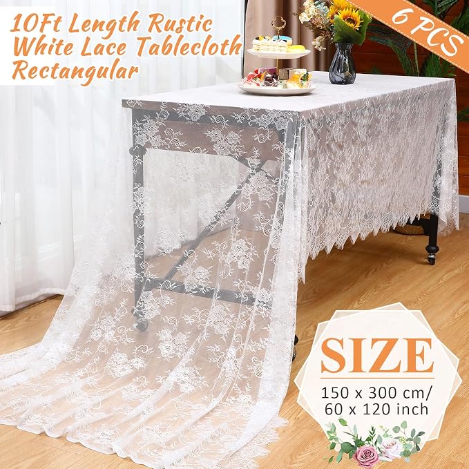 Honeydak 6 Pcs Lace Tablecloth Rectangular 60 x 120 Inch Wedding Rustic Tablecloth Overlay Rose Vintage Embroidered Wedding Reception Party Table Cover Decorations for Bridal Tea Party