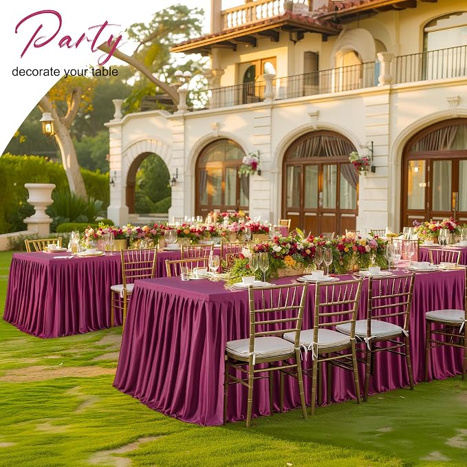 2 Packs Burgundy Polyester Table Clothes for 8 Foot Rectangle Tables, Wrinkle Free Fitted Table Cover 8ft Stretch Tablecloths with Skirt for Parties Weddings Birthday Banquet Baby Shower