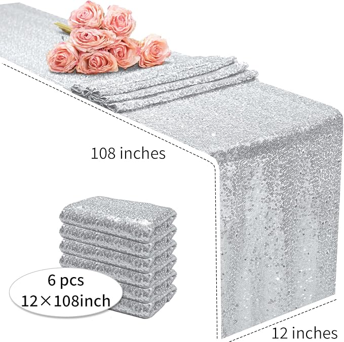 12x108 inch Silver Sequin Table Runner Sparkly Glitter Table Linens 6 Packs for Party Decorations Wedding Birthday Baby Shower Engagement Anniversary