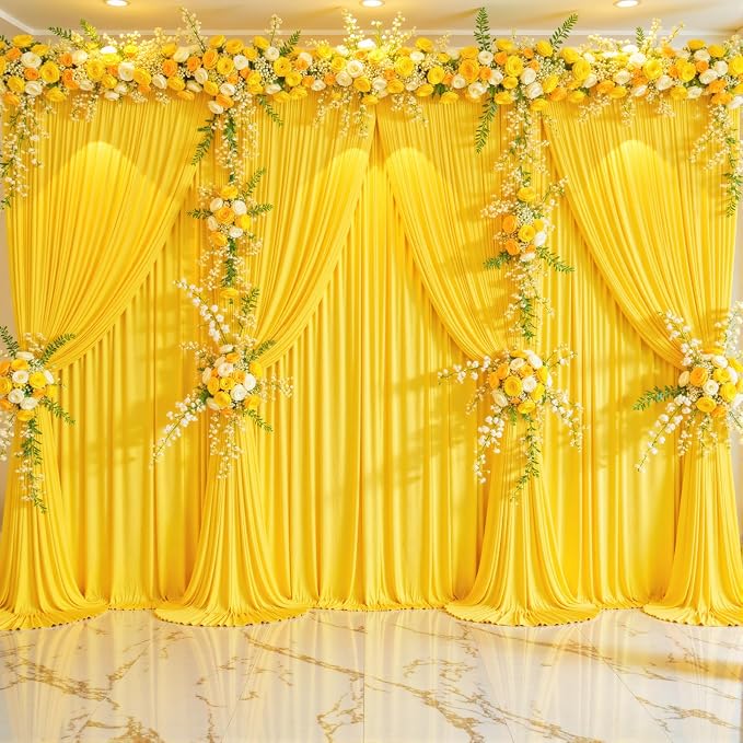4 Panels Yellow Backdrop Curtains for Wedding Party Wrinkle Free Backdrops Curtain Drapes Fabric Decorations Photo Back Drop Cloth for Baby Shower Photography Stage Reception 20ft(W) x 12ft(H)