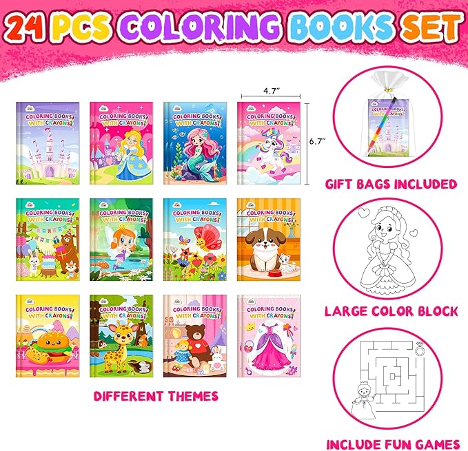 ZMLM 24 Pack Coloring Books for Kids with Crayons,Party Favors for Kids 4-8, Goodie Bags Stuffers for Toddlers, Classroom Prizes Birthday Return Gifts (Girls)