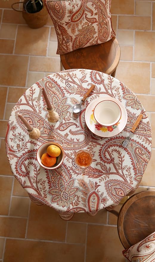 ISAENNE Designer Vintage Round Linen Tablecloth,Diameter 55"-Chauffrey D | Vintage French Table Cloth Round Table,Cashew Pattern,Durable,Heavyweight,Dining Room,Kitchen,Tea Party,Thanksgiving