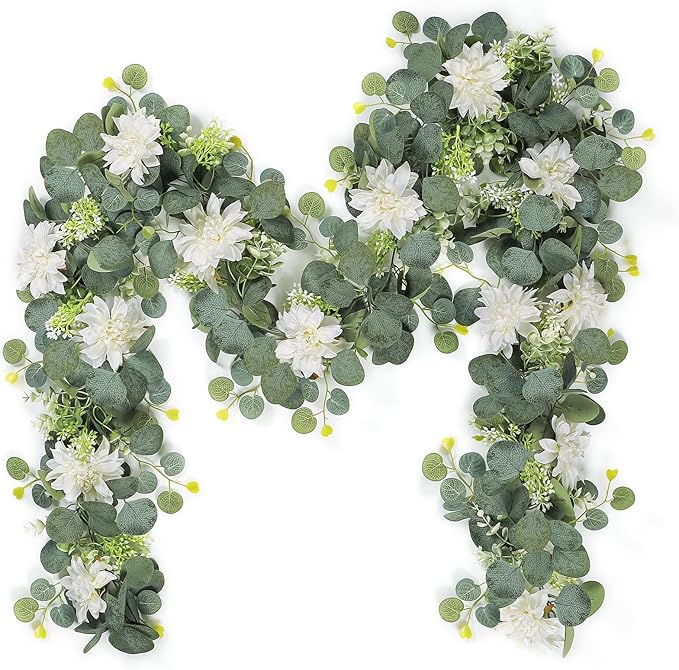 Dremisland Artificial Flowers Garlands 2 Pack 12Ft Artificial Eucalyptus Garland with Dahlia Flower Hanging Flowers Vines Spring Garland for Backdrop Wedding Arch Bedroom Home Wall Room Decor