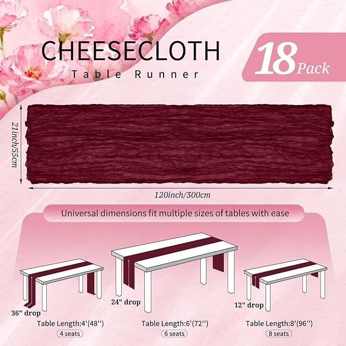 18 Pack Cheesecloth Table Runner 10FT Burgundy Red Table Runner Boho Gauze Cheese Cloth Table Runners Long Rustic Sheer Table Decorations for Wedding Party Baby Bridal Shower Birthday Holiday Home