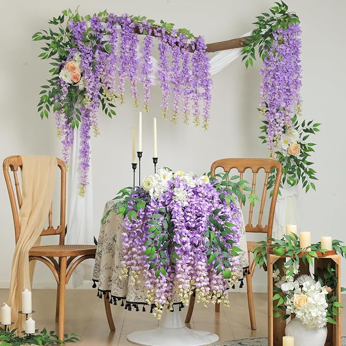 mizii 6Pcs Purple Wisteria Hanging Flowers 48" Silk Wisteria Artificial Flowers Garland Vines Fake Hanging Flowers Decoration for Wedding Flower Wall Backdrop Centerpieces Party Room Decor (Purple)