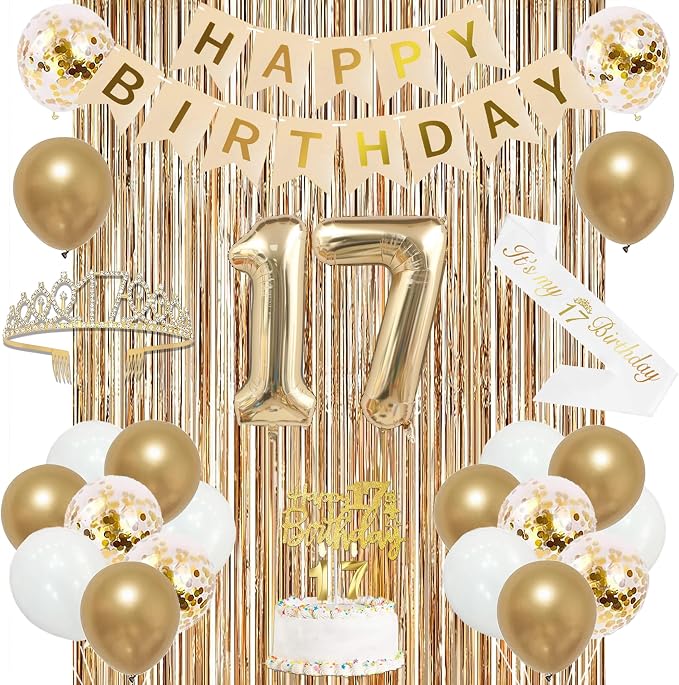 Trgowaul 17th Birthday Decorations for Girls, Happy Birthday Banner, Sash and Crown, 17 Number Balloon, Fringe Curtains, Champagne Gold 17-Year-Old Old Party Supplies