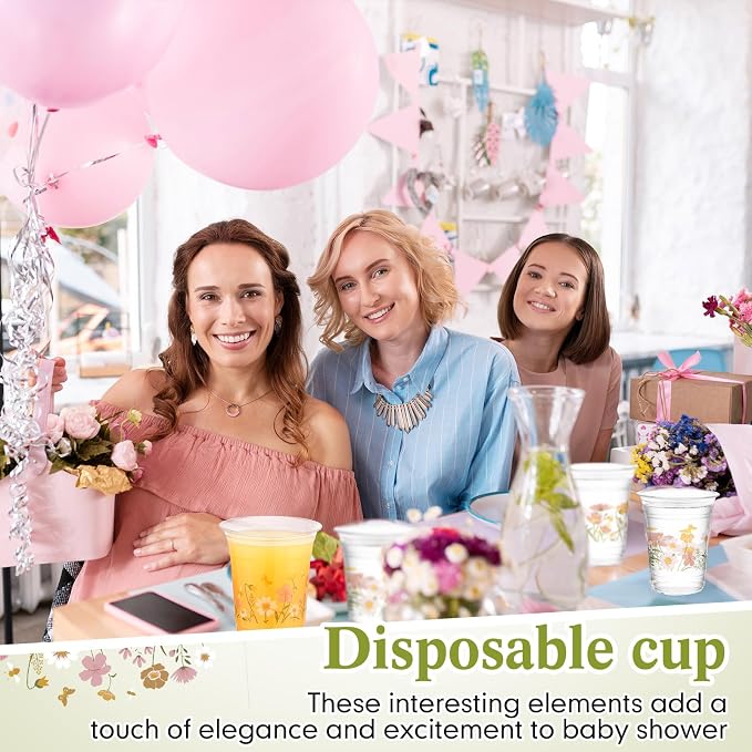 Hushee Boho Wildflower 60 Pcs Party Cups 16 oz Plastic Disposable Drinking Cups for Birthday Love Baby in Bloom Baby Shower Summer Fresh off The Market Bridal Shower Decorations Supplies
